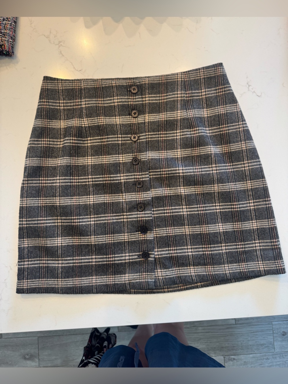 Plaid Button-Front Skirt in Charcoal and Cream